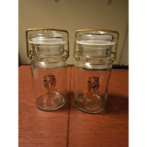 Ritz-Carlton Glass Jars Set of 2 Lion Logo Gold Wire Bail Lid‎ Spice Apothecary